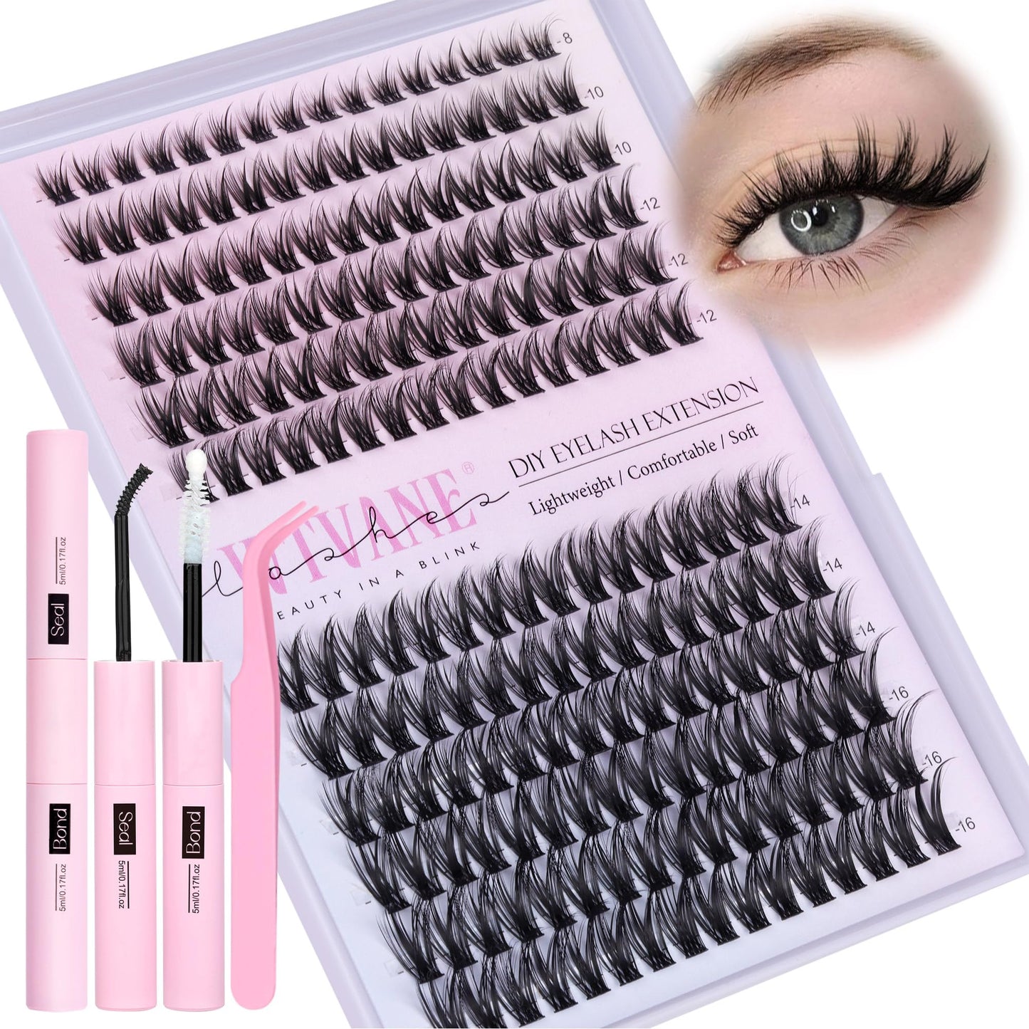Wispy Lash Clusters Kit Natural Lash Extension Kit DIY 192pcs Lash Clusters Eyelash Extension Kit 8-16mm Individual Lashes Kit Fairy Eyelash Clusters with Lash Bond and Seal, Lash Tweezers by Wtvane