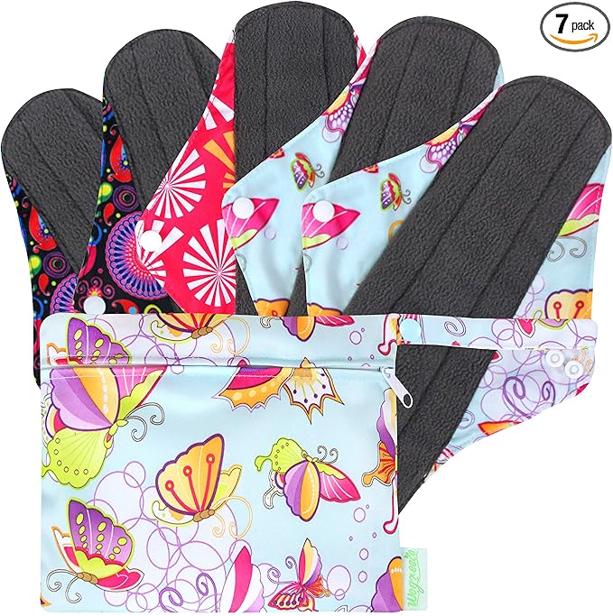 wegreeco Charcoal Reusable Menstrual Pads for Women - Reusable Sanitary Pads | Reusable Panty Liners | Soft Cloth Menstrual Pads - 5 Pack, 1 Cloth Wet Bag (X-Large, Butterfly)