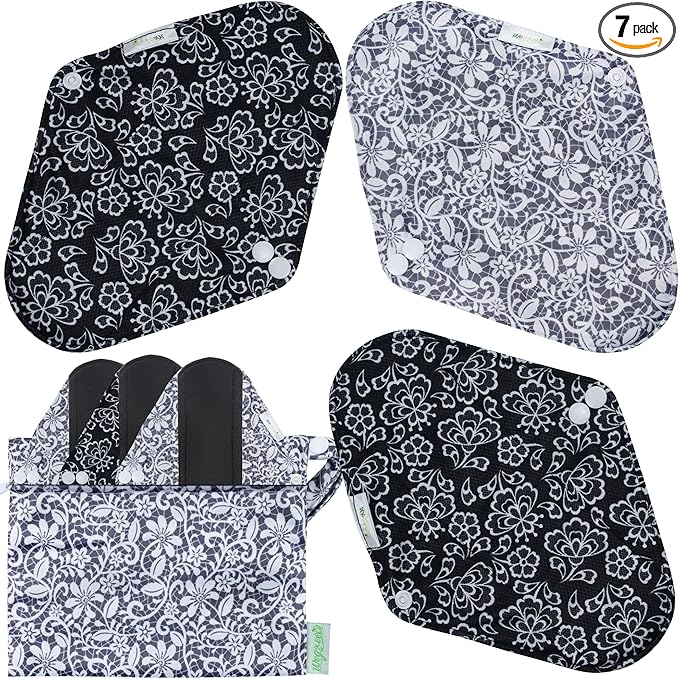 wegreeco Reusable Menstrual Pads - Reusable Sanitary Pads | Reusable Panty Liners | Soft Cloth Menstrual Pads - 6 Pack with 1 Cloth Wet Bag (Black, Grey Lace, Large