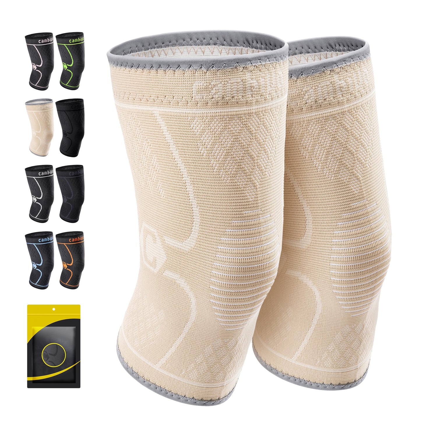 CAMBIVO 2 Pack Knee Brace, Knee Compression Sleeve for Men and Women, Knee Support for Running, Workout, Gym, Hiking, Sports (Beige,Large)