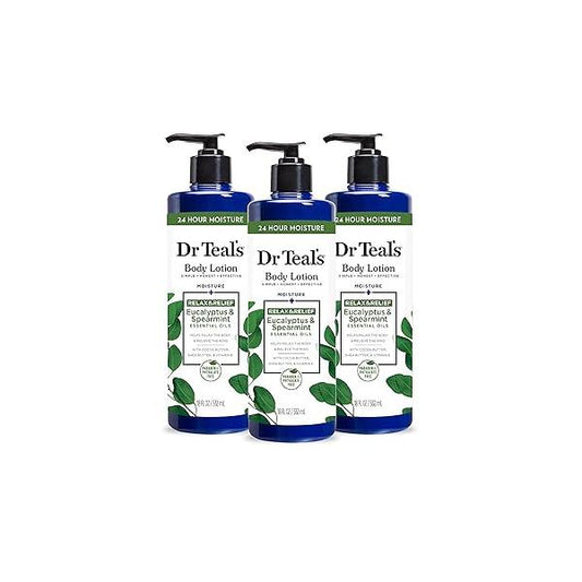 Dr Teal's 24 Hour Moisture+ Body Lotion, Eucalyptus & Spearmint Essential Oils, 18 fl oz (Pack of 3)