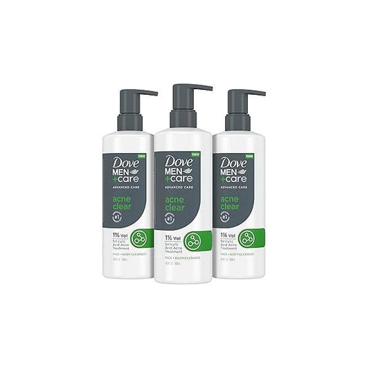 DOVE MEN + CARE Advanced Care Cleanser Acne Clear 3 Count for Prone Skin Face Body with 1% Salicylic Acid 16.9 oz